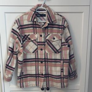 ZARA Plaid Shacket Jacket | XS | Pink Cream Grey